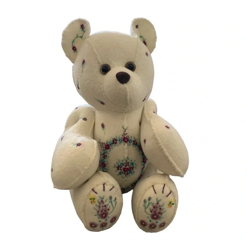 HANDSTITCHED fawn coloured felt embroidered teddy bear.